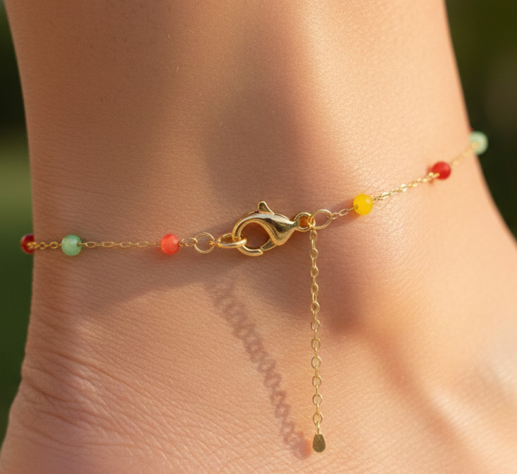 Minimalist Multicolored Beaded Anklet 18K Gold Tone Brass Chain Anklet for Women