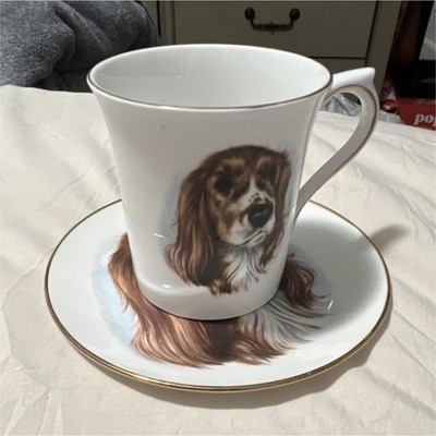 Rosina Bone China Dog Spaniel Cup & Duchess Saucer Set White Brown Gold Painted