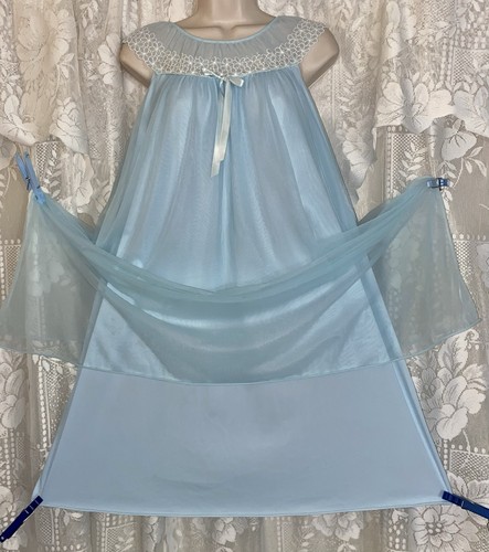 VTG L Blue Sheer Chiffon over Nylon Babydoll Nightie w Fancy White Floral Collar