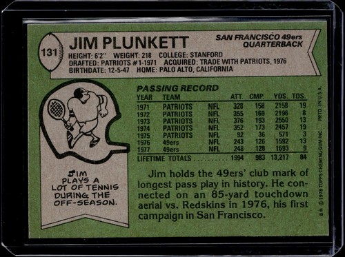 1978 Topps #131 Jim Plunkett VG Patriots QB - Picture 2 of 2