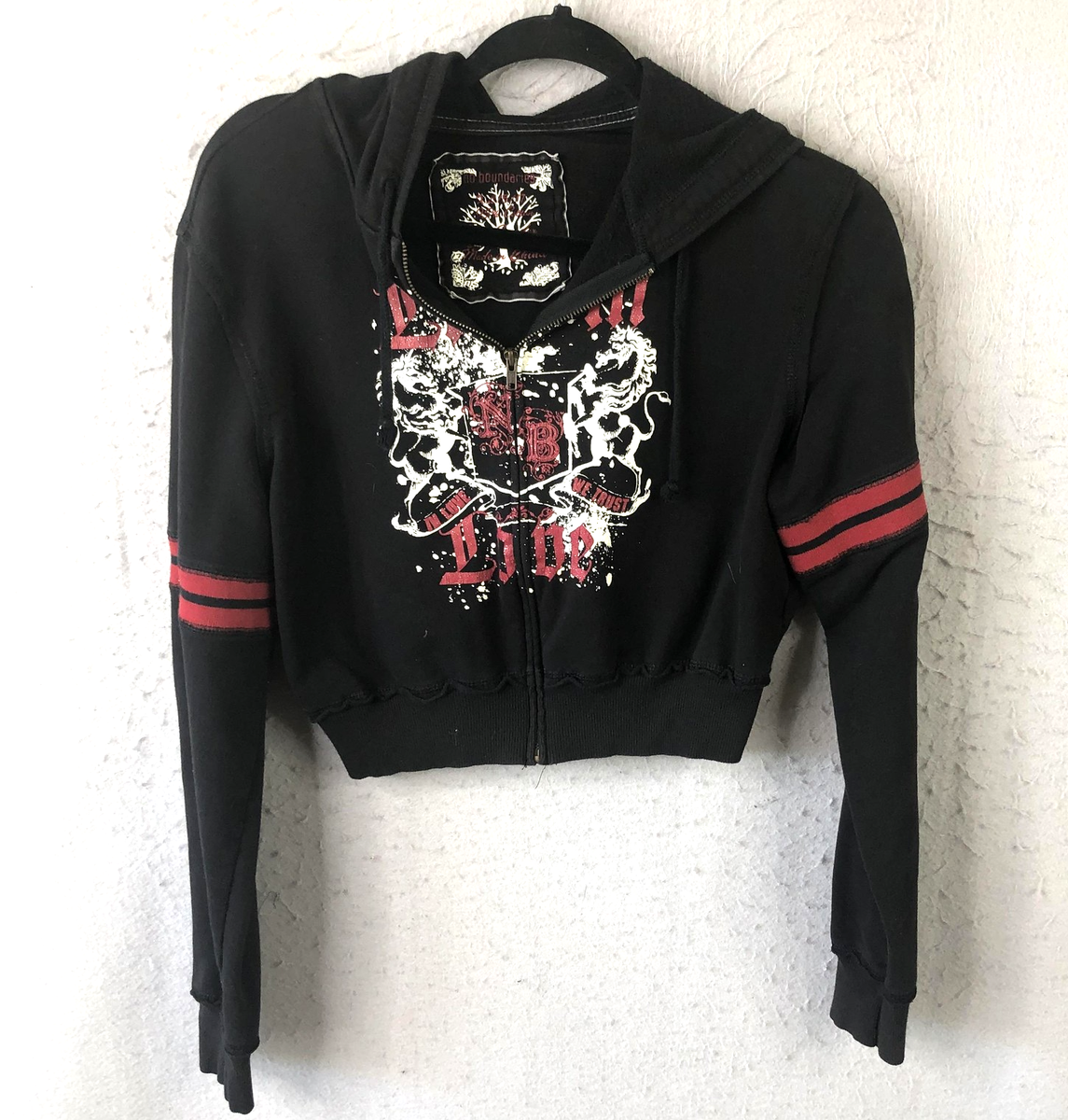 トップス 2000s Short shirt hoodie Retro Hoodie Juniors 15/17 Black Cropped Zip Up Live In Love Y2K