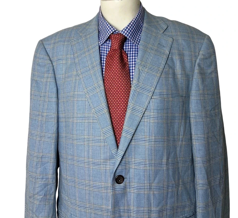 Paul Fredrick Sport Coat Jacket Blue Glen Plaid 2 Button SILK Wool Men's 44R - Image 2 of 4