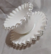 Fenton Silver Crest White Milk Glass Mayo Condiment Bowl and Saucer Ruffled Edge