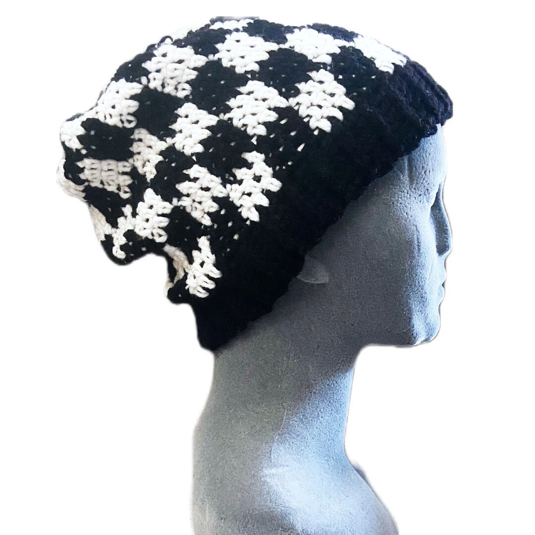 Hat Checkerboard Black White Beanie Boho Skater Hippie Goth Dark Fairy Punk