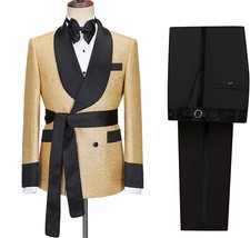 Paisley Floral Men Suits Sets Slim Fit Tuxedo Jacket Pants 2pcs Shawl Lapel Belt