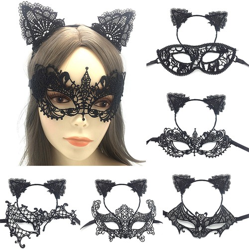 Fancy Dress Costume Black Wired Lace Cat Mask Cat Ear Headband Halloweent Kitty#