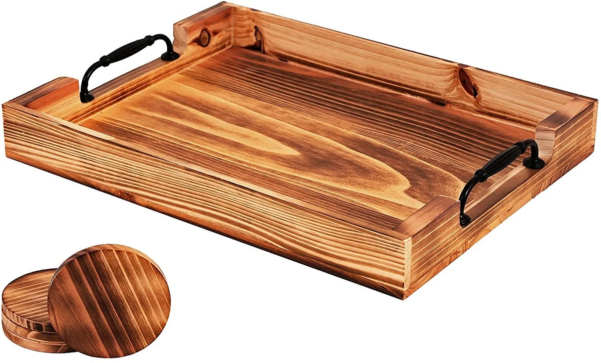 Wooden Serving Tray Large With Handle & 4 Wooden Coasters Ottoman