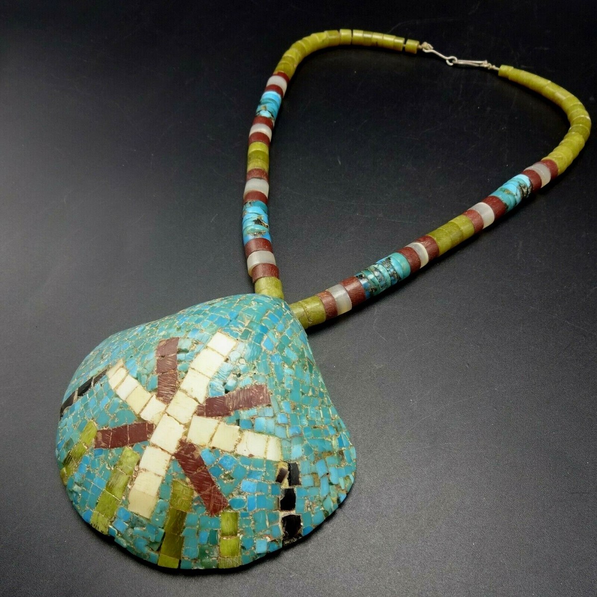 HANDMADE Vintage INLAID TURQUOISE Clam Shell NECKLACE Pipestone