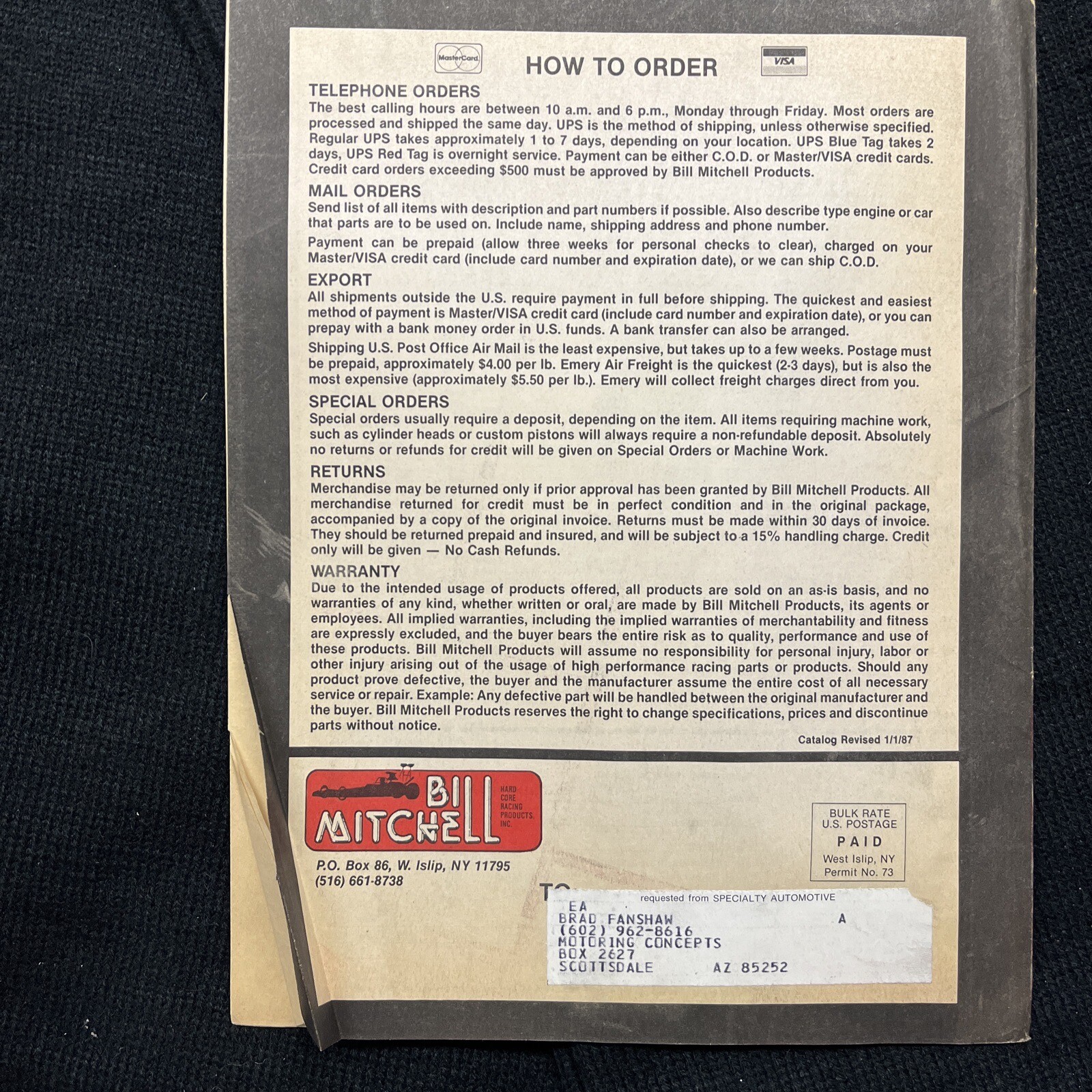 Original VINTAGE 1987 BILL MITCHELL PERFORMANCE Catalog Speed Racing