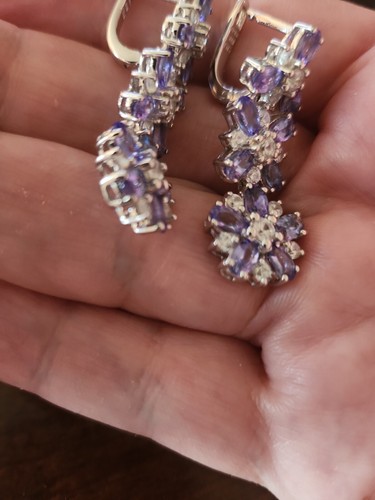Colleen Lopez Tanzanite & Zircon Big Flower Design Leverback Earrings 1.5" NWOT - Picture 10 of 17