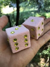 Fuzzy Pink Dice With Yellow Bling Gems Hanging Dice Danglers Car Decor Accessory