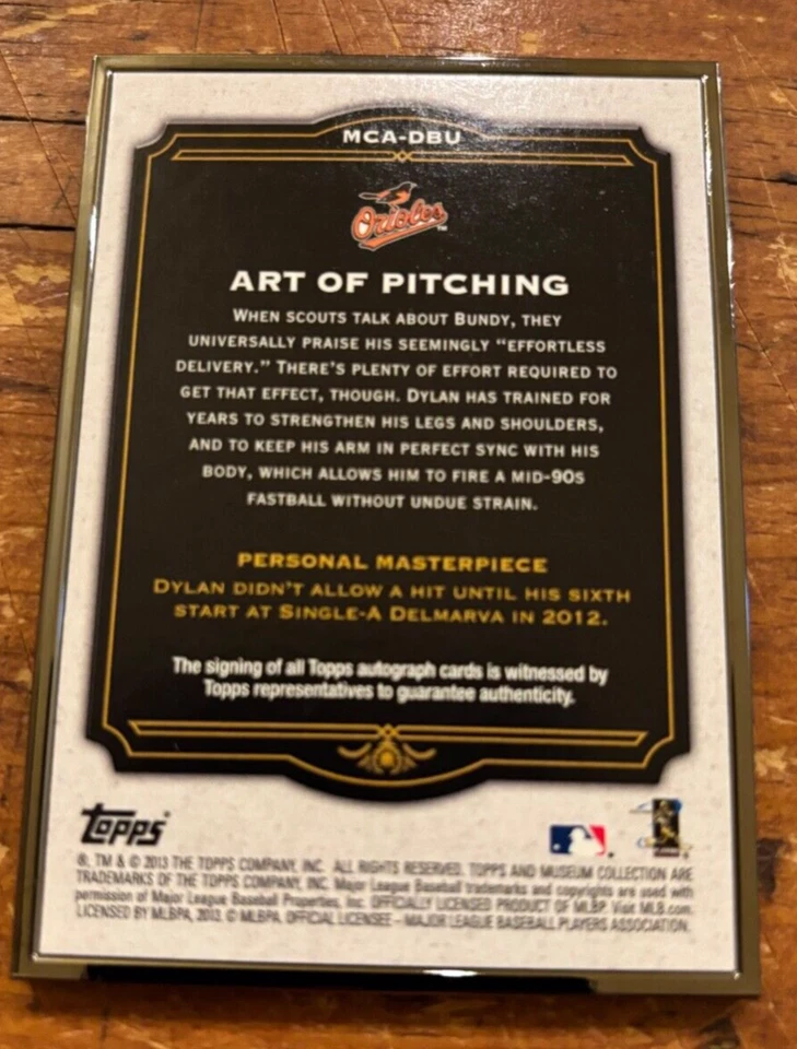 2013 TOPPS MUSEUM DYLAN BUNDY AUTO 4/5 BLACK FRAME SILVER INK BALTIMORE ORIOLES - Image 2 of 2