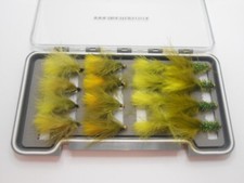 Olive Lures, 16 Olive Trout Flies, Boxed Set favourite patterns Size 10