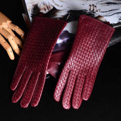 Women's Real Woven Leather Winter Carmine Goatskin Touch Screen Driving Gloves