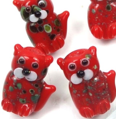 4 Lampwork Handmade Beads Glass Standing Cat Beads - Christmas Color 20mm