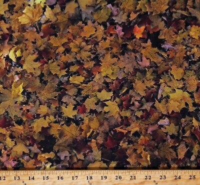 Cotton Fall Leaves Maple Leaf Autumnal Green Brown Fabric Print by Yard D512.54