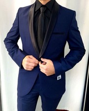 Designer Party Tuxedo Blue Black Round Collar Suit Jacket Trousers Fitted