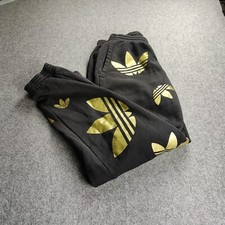 Adidas Sweatpants Men Small Black Trefoil Fleece Logo All Over Print Y2k Jogger