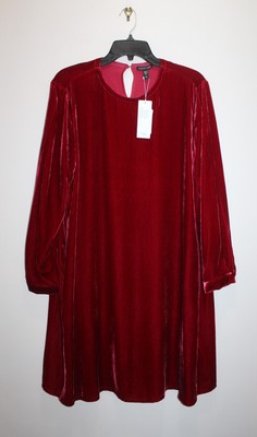 EILEEN FISHER CREW NECK VELVET DRESS KNEE-LENGTH SILK DEEP CLARET SIZE S & M
