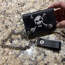 Leather Biker Wallet With Chain Trifold - Skull Bone Screen Print on Wallet Bk