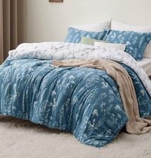 Queen Comforter Set 3pc Teal Blue Floral Bedding Cute Reversible Botanical