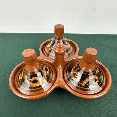 Handmade Moroccan Terracotta Triple Spice Dish w/ Mini Tagine Lids Folk Pottery 