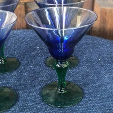 LIbby Cosmopolitan Martini Glasses Cobalt Blue and Green Stems  Set of 4 Ex Cond