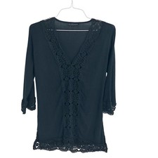 LA BLANCA Black Gauze Crochet Swim Cover Up Long Sleeve
