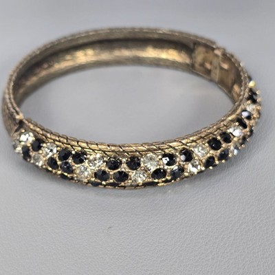 Vintage Gold-Tone Hinged Bracelet Wood Textured Decal & Black/Clear Rhinestones