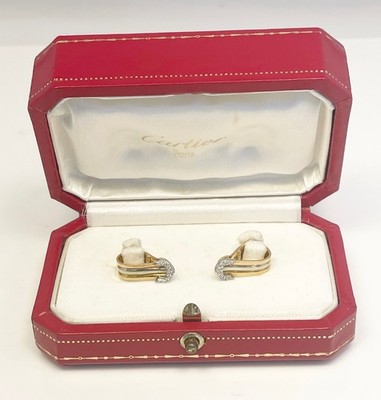 Vintage Cartier 18k Solid Yellow & White Gold Double C Huggie Diamond Earrings