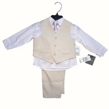 Van Heusen Boys 4 Piece Suit Set Size 6 - 9 Months Vest Tie Beige Wedding Formal