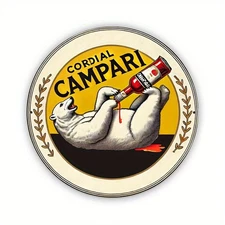 8x8 Inch Kamari Round Metal Sign - Vintage Campari-Inspired Polar Bear & Bottle