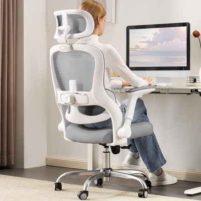 Comfortable Ergonomic Office Chair with Adjustable Lumbar Support - White Grey