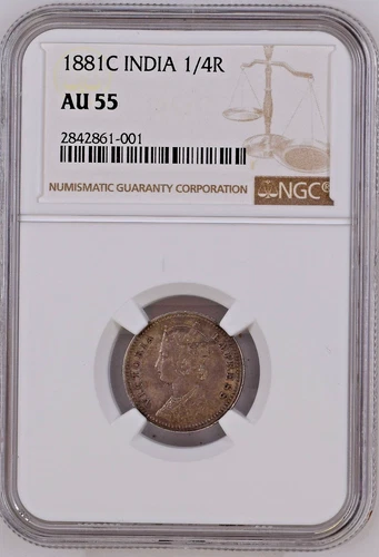 India 1881 C Silver Rupee NGC Graded AU 55.