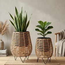 Wicker Basket Plant Stand Handwoven Look Iron Leg Plant Basket Rustic Charm