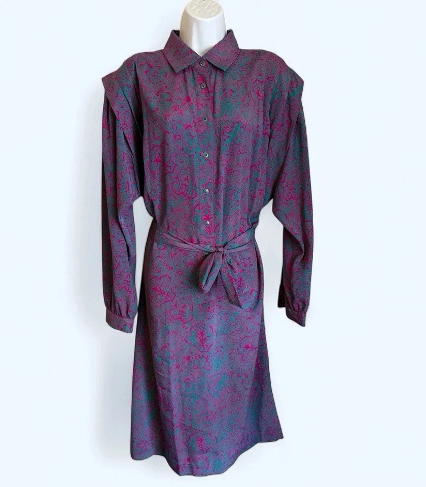 Vestido Schrader Vintage Rosa Teal Años 70 80 Midi Manga Larga Cinturón Mujer’s Talla 16 Foto 2 de 4