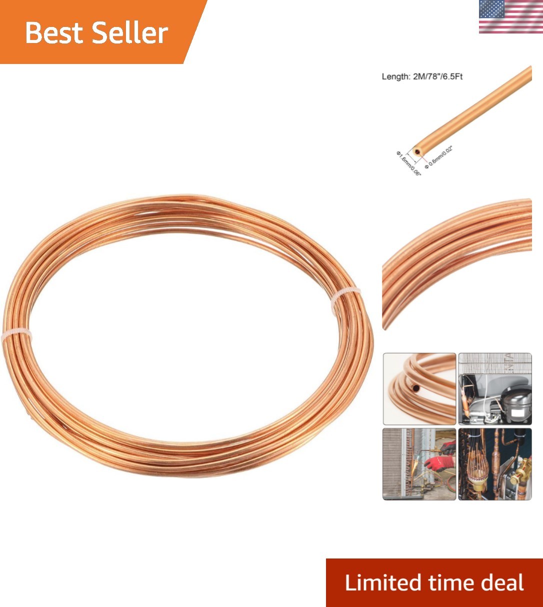 Refrigeration Tubing, 1/16" OD x 1/32" ID x 6.5 Ft Soft Coil Copper Tubing