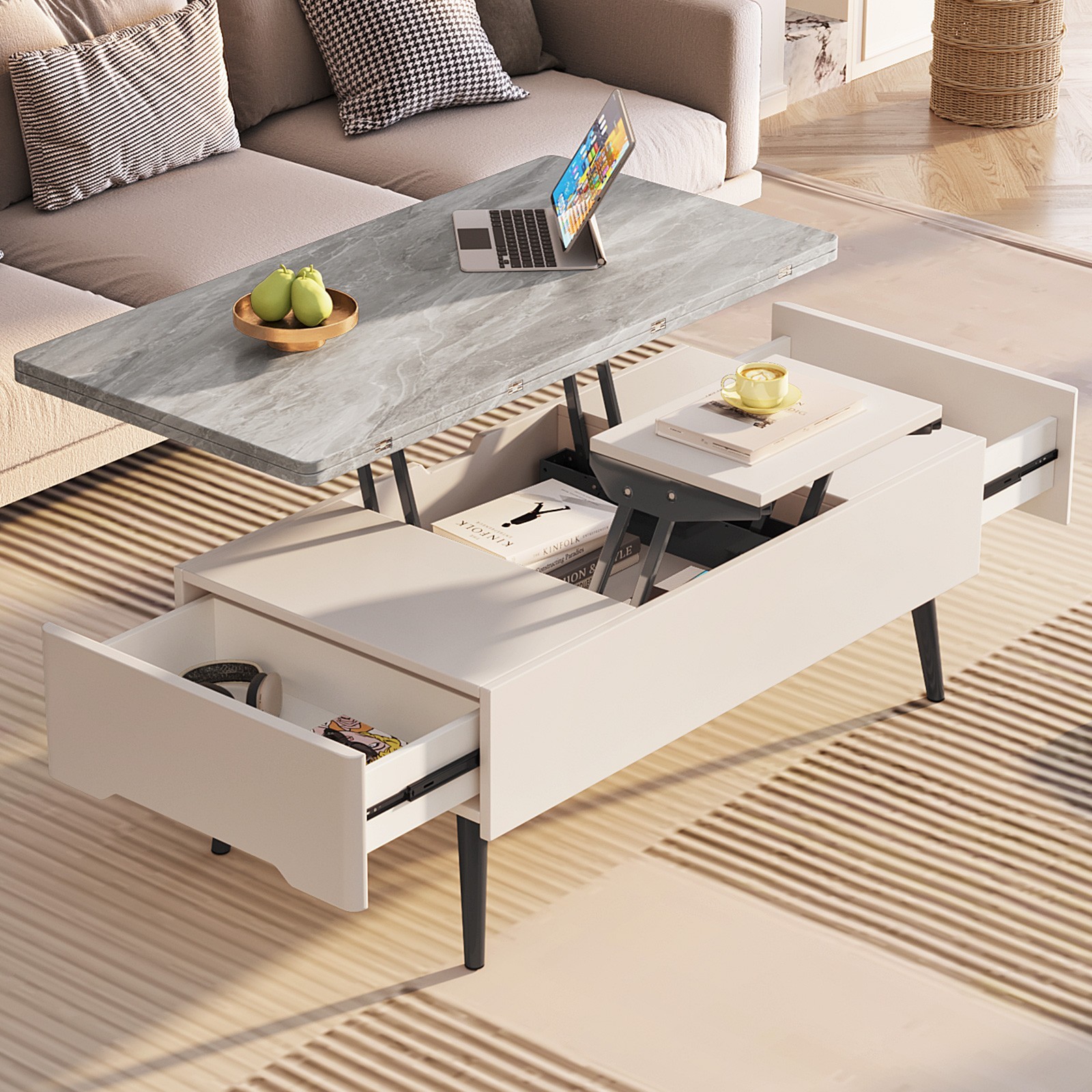 Lift Top Coffee Table with Drawers Center Table Mutil-Function Folding Table