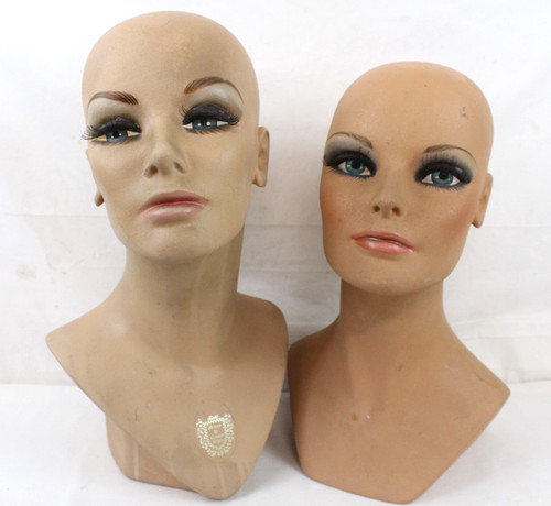 2 Vintage Fiberglass Mannequin Head Wig Painted Eyes Halloween Bust White
