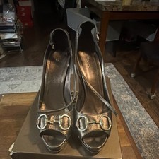 Gucci Horsebit Silver Leather Slingback Wedge...