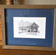 Clark M. Goff Matted Framed Middle Bridge Woodstock Vermont Sketch Signed Print