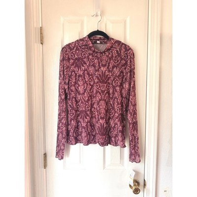 Single Thread Pomegranate Printed Cabo Mesh Mock Neck Top Purple Medium