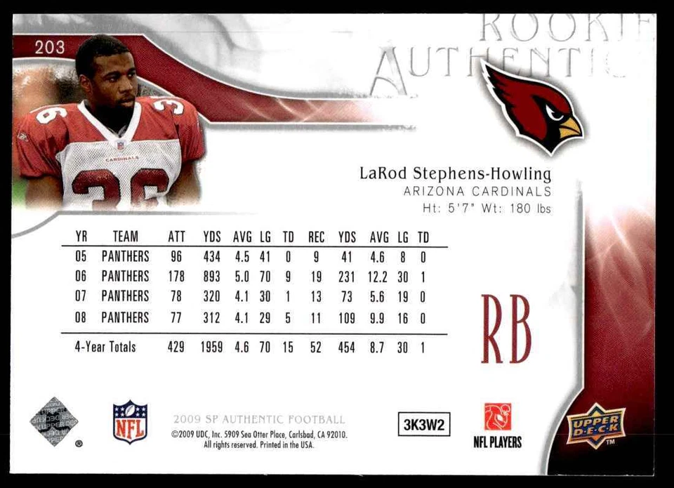 2009 SP Authentic LaRod Stephens-Howling Rookie 880/999 Arizona Cardinals #203 - Image 2 of 2