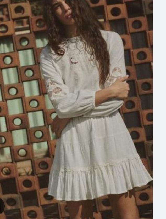 Zara embroidered lace insert dress white flowy boho L Bloggers Favorite