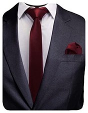 2.4" Slim Necktie and Handkerchief Set For Men Solid Skinny Tie Brooch Maroon