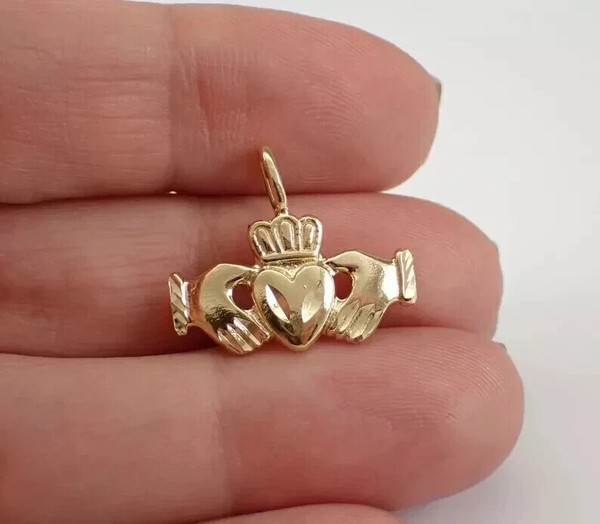 Alternate view of Vintage Claddagh Hands Holding Heart Charm Pendant 14k Yellow Gold Plated Silver