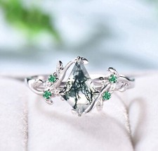 Natural Moss Agate Ring, 925 Sterling Silver, Kite Leaf Ring, Engagement Ring