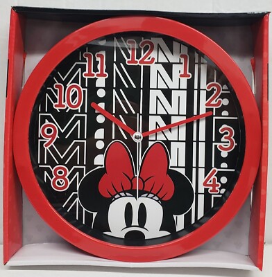 Round Plastic Decorative Wall Clock, 10'', DISNEY,MINNIE MOUSE FACE,red frame, AW