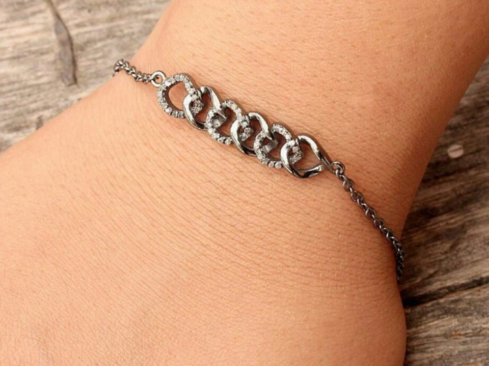 925 Sterling Silver Pave Diamond Link Chain Bracelet Handmade Vintage Jewelry. - Image 4 of 4