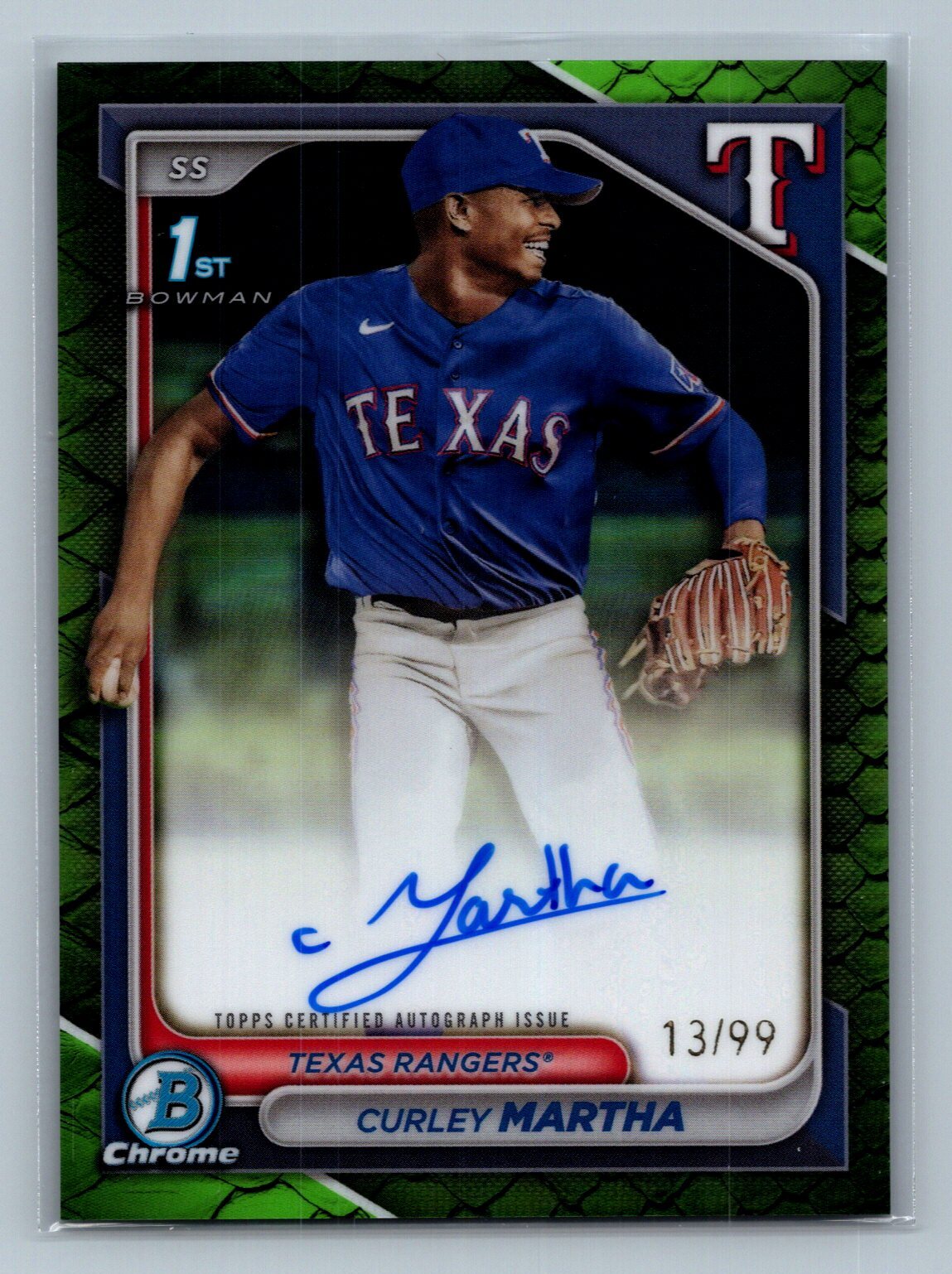 2024 Bowman Chrome #CPA-CM Curley Martha Chrome Auto Reptilian Green Rangers /99